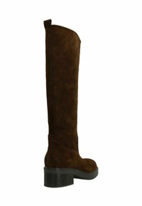 Brown suede knee-high boot with a chunky black heel, soft texture, seamless design, and a wide shaft. No visible hardware or accents.