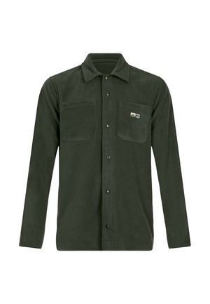Dark green long-sleeve fleece shirt with collar, button closure, two front chest pockets, one pocket with a small "PRO TEST" logo patch.