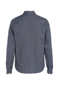 Camicia a maniche lunghe di colore blu navy, in tessuto testurizzato. Presenta polsini con bottoni e un colletto classico. Finitura liscia con un motivo sottile sul retro.