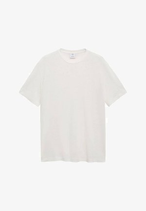 Bela kratka majica s kratkimi rokavi iz mehkega bombaža, z okroglo ovratnico in sproščenim krojem. Brez vidnih vzorcev ali dodatkov.