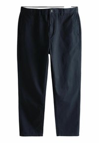 Pantalon en coton bleu marine à coupe droite, avec un devant à boutons, des passants de ceinture et deux poches latérales. Texture lisse avec une finition légère.