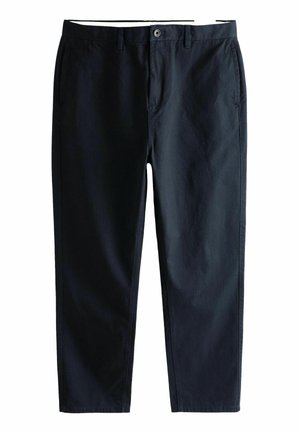 Navy cotton trousers with a straight cut, featuring a button front, belt loops, and two side pockets. Smooth texture with a lightweight finish.