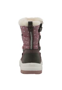 Stivaletto alla caviglia con tomaia viola e rosa a motivo a stelle, fodera in pelliccia sintetica, dettagli in pelle nera e suola bianca. Presenta cinturini regolabili.