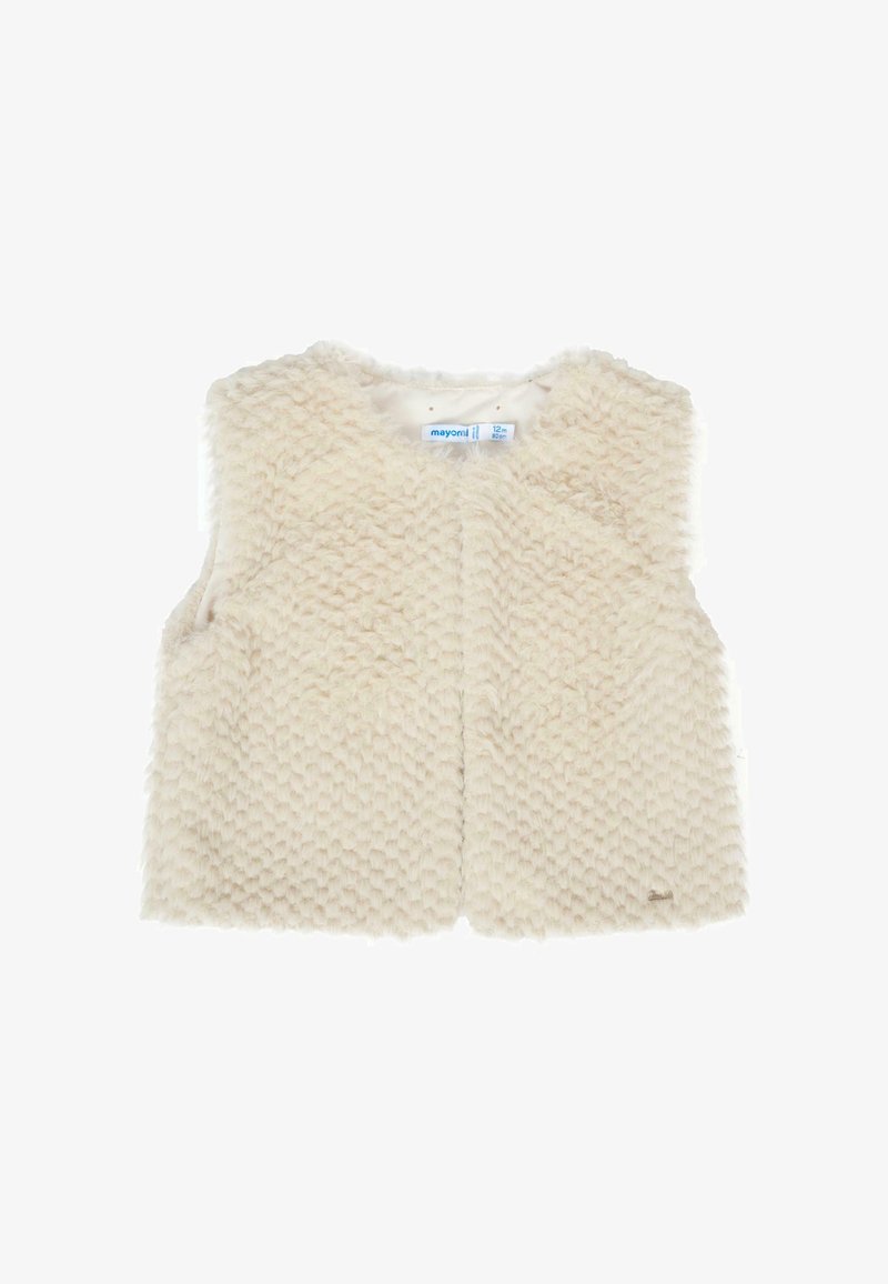 Fuzzy crèmekleurig vest met een textuur, zonder mouwen en met een ronde halslijn, ontworpen voor zuigelingen van 12 maanden.