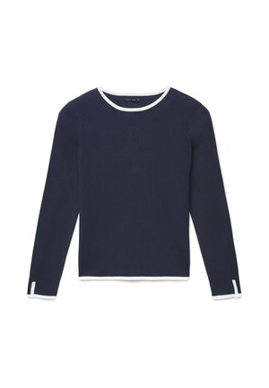 Marineblaues Langarmoberteil mit weißem Besatz am Ausschnitt und an den Ärmelsäumen, mit gerippter Struktur und figurbetontem Schnitt.