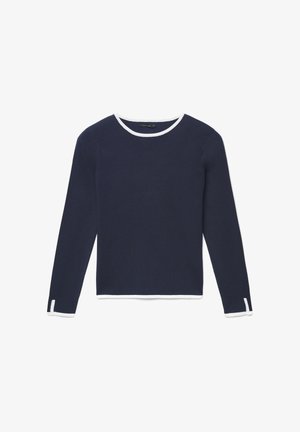 Top a maniche lunghe color navy con rifiniture bianche sul collo e sui polsini, caratterizzato da una texture a coste e un design aderente.
