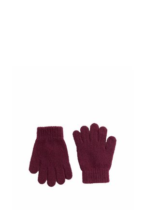 Par de guantes de punto burdeos con puños acanalados, mostrados planos con los dedos separados.