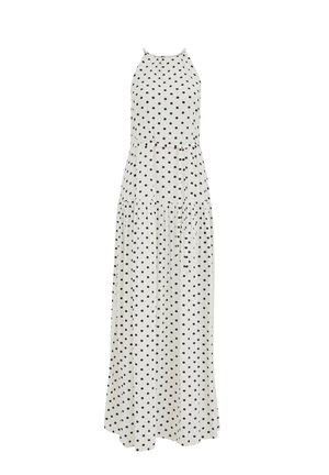 Witte mouwloze maxi-jurk met zwarte polkadots, halternek en geplooide taille detail.