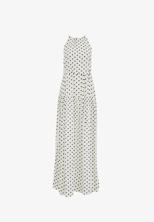 Witte mouwloze maxi-jurk met zwarte polkadots, halternek en geplooide taille detail.