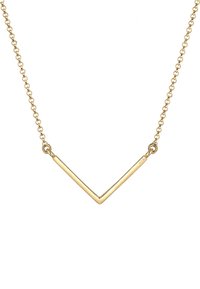Goldkette mit einem dünnen, winkelförmigen V-förmigen Anhänger, der an einer filigranen Kette hängt, mit glatter Oberfläche und minimalistischem Design.