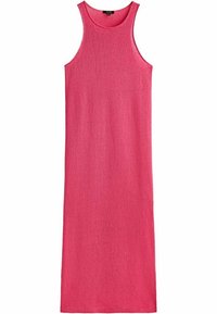 Robe longue rose sans manches en tissu texturé, avec un col rond et une silhouette droite. Aucun motif ou accent visible.