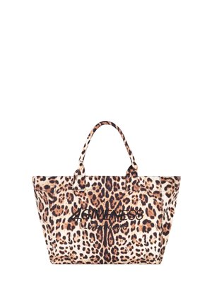 Borsa tote con stampa leopardata e testo nero "4GIVENESS Love me wild," con due manici e forma rettangolare.