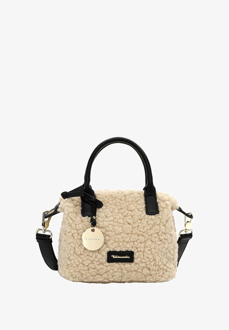 Beiger Stoff-Handtasche mit einer strukturierten, flauschigen Oberfläche und schwarzen Ledergriffen. Sie verfügt über einen goldenen Anhänger und ein Markenetikett auf der Vorderseite.