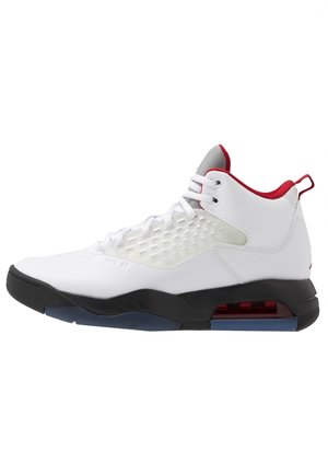 White high-top athletic shoe with red inner lining, black sole, visible red air cushion, and white laces on a plain white background.