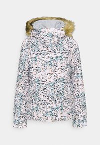Veste d’hiver pour femme avec motif abstrait multicolore et capuche doublée de fourrure, présentée sur fond blanc.