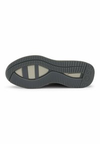 Schuhsohle aus grauem Gummi. Besitzt eine strukturierte Oberfläche, horizontale und vertikale Rillen sowie Akzente in einer helleren Farbtönung. Markenlogo vorhanden.