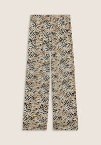 Pantalons à taille large présentant un motif animal abstrait dans des couleurs noir, crème et beige. Fabriqués en tissu doux et texturé avec une taille élastique.