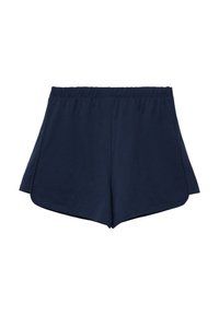 Navy blauwe shorts van zacht materiaal, met een elastische tailleband, een losse pasvorm en zijsplitten voor extra bewegingsvrijheid.