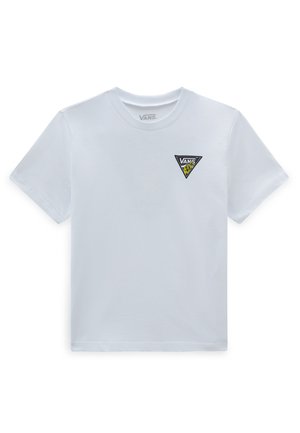 T-shirt bianco in cotone con un piccolo logo triangolare nero e giallo di Vans sul lato sinistro del petto. Maniche corte e design a girocollo.
