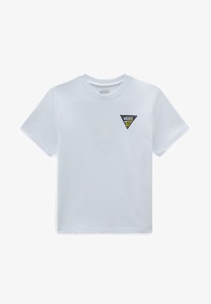 T-shirt bianco in cotone con un piccolo logo triangolare nero e giallo di Vans sul lato sinistro del petto. Maniche corte e design a girocollo.