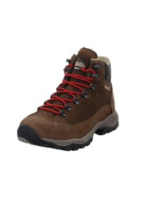Botte de randonnée marron en cuir et en mesh. Équipée de lacets rouges, d'une semelle en caoutchouc et d'un col rembourré. Conception durable avec capuchon renforcé.