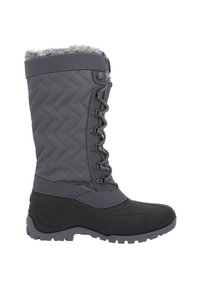Grijze geïsoleerde winterlaars met een geborduurde textiel bovenkant, een kraag van kunstbont en een rubberen zool. Heeft veters en een gestructureerde loopvlak voor grip.