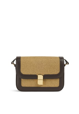 Rectangular tan woven fabric crossbody bag with dark brown leather trim and gold rectangular clasp closure on front flap.