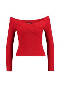 Top rosso a coste con spalle scoperte e maniche lunghe, caratterizzato da un design incrociato nel collo, con una silhouette aderente.