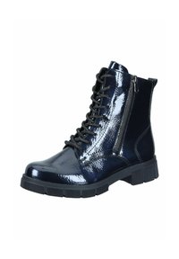 Lace-up kotníkové boty v lesklém námořnickém syntetickém materiálu, s bočním zipem, pevnou černou gumovou podrážkou a texturovaným povrchem.