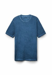 Blaues Baumwoll-T-Shirt mit Rundhalsausschnitt, kurzen Ärmeln und strukturiertem Finish. Keine sichtbaren Muster oder Verzierungen. Reguläre Passform.