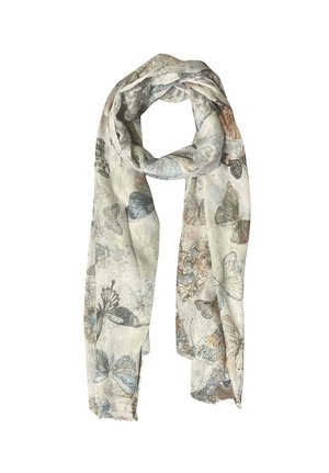 Sciarpa beige chiaro con motivi stampati di farfalle e fiori in toni smorzati di blu, marrone e grigio, drappeggiata in un giro morbido.
