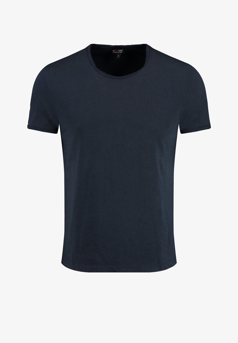 Dunkelblaues Kurzarm-T-Shirt aus Baumwolle, mit rundem Halsausschnitt und geradem Saum. Weiche Textur ohne sichtbare Muster oder Beschläge.