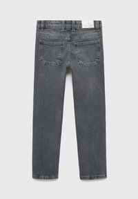 Jeans in denim grigio con taglio dritto, caratterizzati da vita alta, due tasche posteriori e un'etichetta sulla cintura. Tessuto liscio e design minimalista.