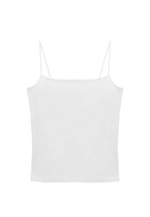 Camisole blanche avec de fines bretelles ajustables, fabriquée en tissu léger, présentant un design simple à coupe droite et une texture lisse.