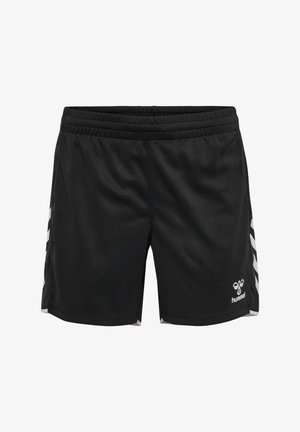 Schwarze Sportshorts mit elastischem Bund und weißen Chevron-Streifen an den Seiten, mit kleinem weißem Hummel-Logo vorne.