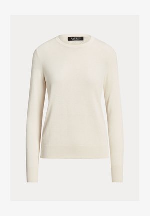 Suéter claro, de mangas longas, com decote redondo, textura de malha, punhos e barra canelados, etiqueta lê "LAUREN." Design simples e minimalista.