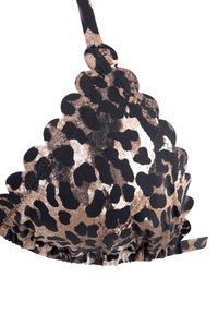 Top di bikini con stampa leopardata e bordi ondulati, caratterizzato da una combinazione di tonalità nere, beige e dorate, spallina regolabile e dettagli in tessuto arricciato.