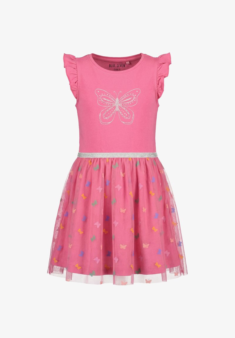 Robe rose sans manches pour fille avec épaules volantées, imprimé papillon argenté sur le corsage, ceinture argentée et motif papillons multicolores sur la jupe en tulle.