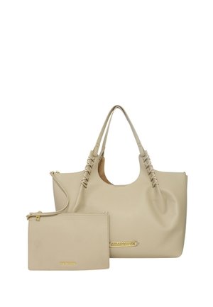 Borsa tote in pelle beige con manici intrecciati e pochette abbinata con zip, entrambe con logo dorato "Love Moschino".