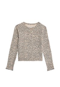 Langärmliges, geripptes Oberteil in Beige mit einem grauen Leopardenmuster. Verfügt über einen runden Halsausschnitt und ausgefranste Bündchen für zusätzliche Textur.