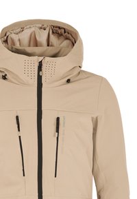 Beige hooded jacket with black zipper and two vertical chest pockets, featuring small ventilation holes near the collar area.