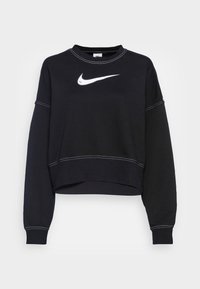 Sudadera negra recortada de algodón, con un logo blanco de Nike, cuello acanalado y costuras en contraste blancas a lo largo de las uniones.