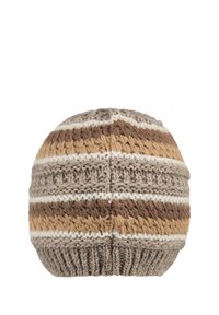 Knit beanie in beige and brown stripes with a textured pattern. Rounded shape with a ribbed edge. Soft, warm material.