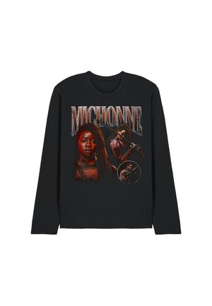 Black long-sleeve shirt featuring three images of Michonne with her katana and the name "MICHONNE" in large text above.