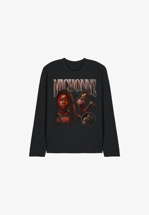 Black long-sleeve shirt featuring three images of Michonne with her katana and the name "MICHONNE" in large text above.