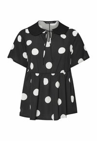 Blusa nera con pois bianchi, maniche corte e colletto arrotondato. Presenta una scollatura con cordoncino e una vita arricciata per un look aderente.