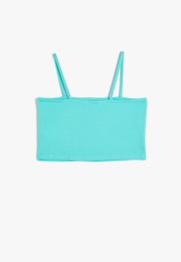 Turkis cropped tank top med tynde stropper, lavet af et blødt, strækbart materiale. Enkelt design, uden synlige sømme, og glat tekstur.