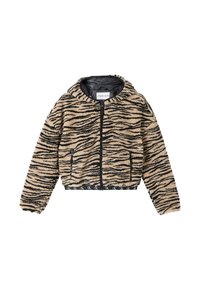 Kurtka z faux futra zapinana na zamek z czarnymi i brązowymi paskami w stylu tygrysa, elastycznym pasem i kapturem. Posiada dwie boczne kieszenie oraz metkę marki na dolnym brzegu.