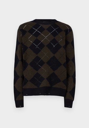 Tume rohelise ja merevaiguvärvi keskpunktidega kudumiga kampsun, millel on rubriikidega varrukate ja ääre, ning avatud kudumise tekstuur.