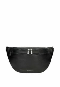 Borsa a cintura in pelle nera con due scomparti con zipper, texture liscia, forma arrotondata e logo impresso sul davanti.